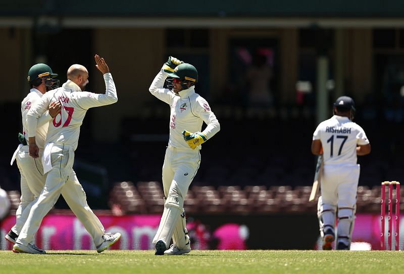 Australians celebrate Rishabh Pant's wicket.